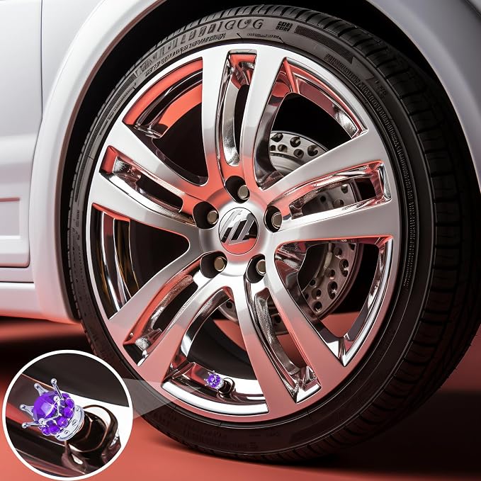 4PCS Crown Bling Tire Stem Valve Caps, Crystal Diamond Car Wheel Tire Valve Caps Universal Copper Core Stem Covers for Cars, SUV, Trucks, Bikes, Motorcycles, Bicycles (Silver & Purple)