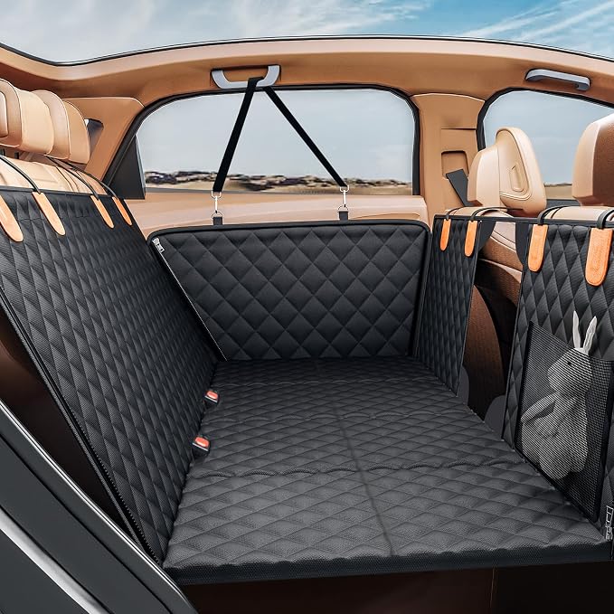 Back Seat Extender for Dogs, Hard Bottom Dog Car Seat Cover - Supports 400lbs, Rear Seat Pet Cover with Mesh Window, Waterproof Dog Hammock for Car SUV