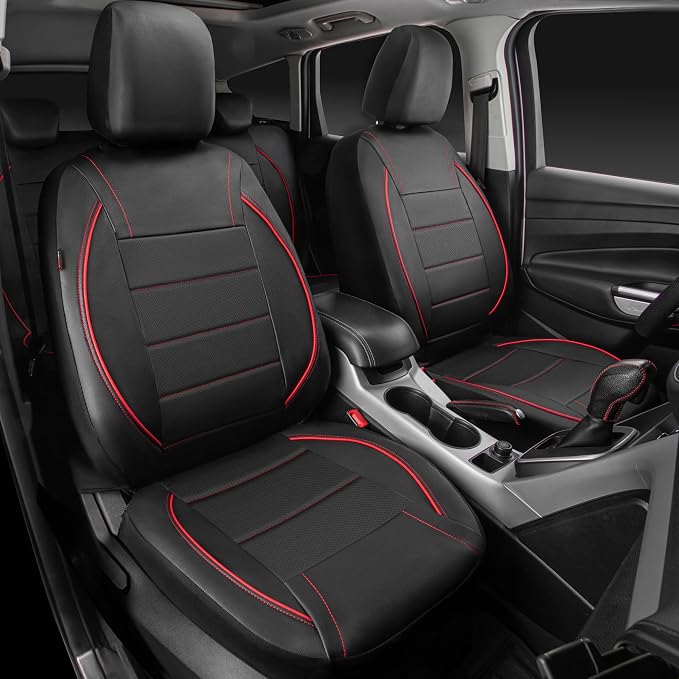 Universal FIT Piping Leather Car Seat Cover, for suvs,Van,Trucks,Airbag Compatible,Inside Zipper Design and Reserved Opening Holes (Full Set, Black and Red)