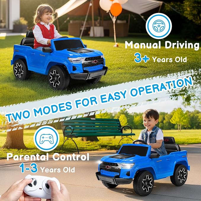 Licensed Chevrolet Colorado Electric Car for Kids, 12V Ride on Toys for Toddlers with Remote Control, Battery Powered Electric Car Ride On Vehicle w/Bluetooth, Soft Start, LED Lights - Blue