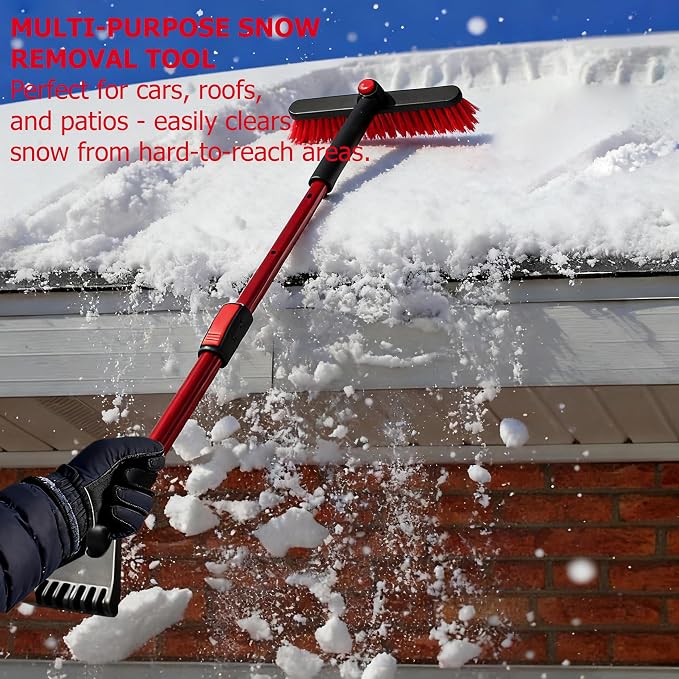 30-40" Extendable Aluminum Snow Brush & Ice Scraper 2-in-1 Winter Car Tool with Scratch-Free Bristles for Car SUV & Trucks, Red