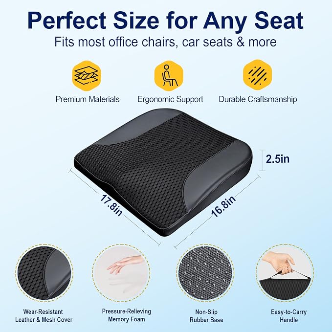 Car Seat Cushion – Memory Foam Pad for Driving Comfort – Boosts Height and Relieves Coccyx & Lower Back Pain – Car, Truck, Office Chair (Leather & 4D Mesh Black)