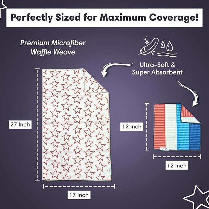 Microfiber Hand Towel & Washcloth Set of 2 - Double-Sided, Waffle Weave, Super Absorbent, Lint-Free, Fast Drying -for Bathroom, Kitchen, Car, and Window Cleaning (Stars & Stripes - Red, Blue, Cream)