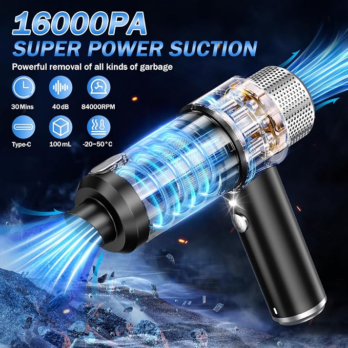 Handheld Car Vacuum Cleaner, 16000PA Hand Held Vacuum Portable Cordless, 2 in 1 Air Duster and Vacuum Cleaner with LED Light, Multi-Nozzles, 120W High Power Mini Vacuum for Home, Pet, Office