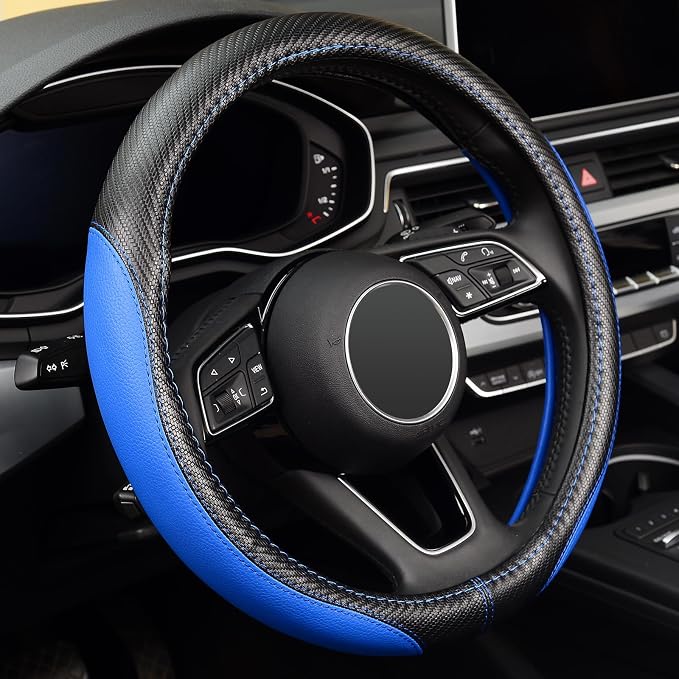 Microfiber Leather Auto Car Steering Wheel Cover, Universal Fit 15 Inch Anti-Slip Wheel Protector, Blue