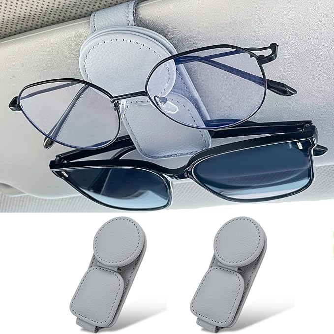 KIWEN 2 Pack Sunglasses Holder for Car Visor, Magnetic Leather Sunglass Eyeglass Hanger Clip for Car Sun Visor Accessories (2, Red)