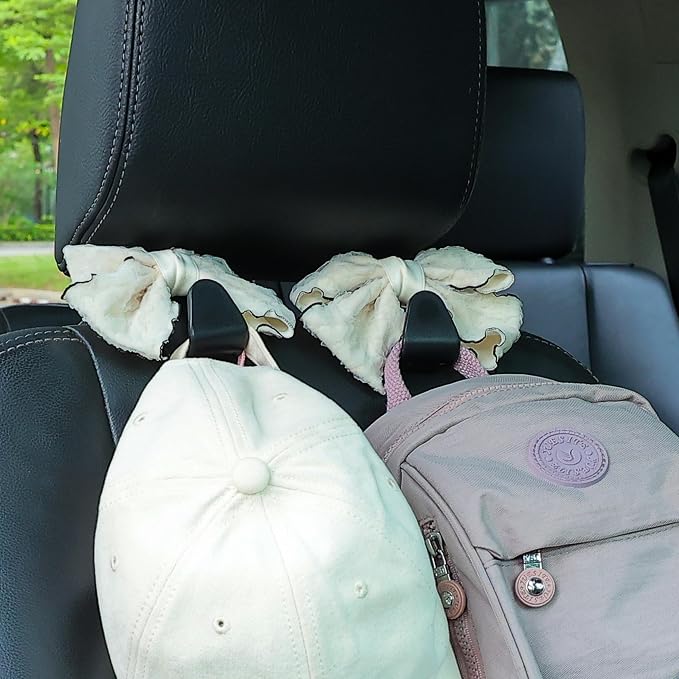 Car Seat Headrest Hook Cute Bowknot Vehicle Hanger Car Storage Organizer for Handbag Purse Coat Grocery Bag Puff Ivory