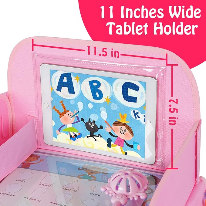 Kids Travel Tray, Car Seat Table Tray, Road Trip Essentials with Educational Drawing Board, Tablet Holder & Cooler Cup Holder, Travel Table for Kids Gifts in Car, Airplane, Multicoloured