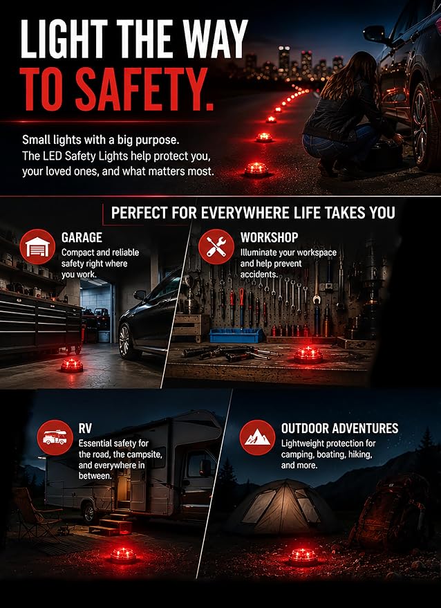 Emergency LED Road Flare Kit Set of 3 LED Bright Roadside Beacons with Magnetic Base Flashing or Steady Red Lights Includes Storage Bag