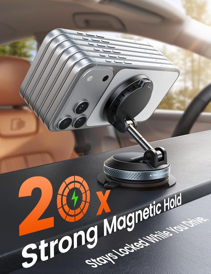 15W for MagSafe Car Mount Charger - Dual USB-C Ports, Magnetic Phone Holder for Car, Magnetic Wireless Car Charger, Vacuum Suction Cup Phone Mount for iPhone 17 Pro Max 16 15 Truck Jeep Black