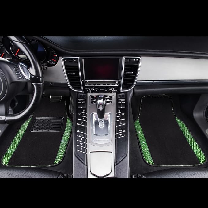 Shining Rhinestones Carpet, Bling Crystal Diamond Sparkly Glitter Car Floor Mats with Anti-Slip PVC Heel Pad Automotive Universal for SUV,Sedan,Car,Van,4pcs for Girl Women Green Diamond