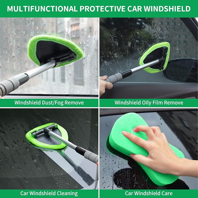 XINDELL Windshield Cleaning Combo – Upgrade Large-Head Car Window Cleaner Tool with Extendable Handle & 4 Pads + 5-Pack Replacement Microfiber Triangular Covers for Interior/Exterior Auto Glass, Strea