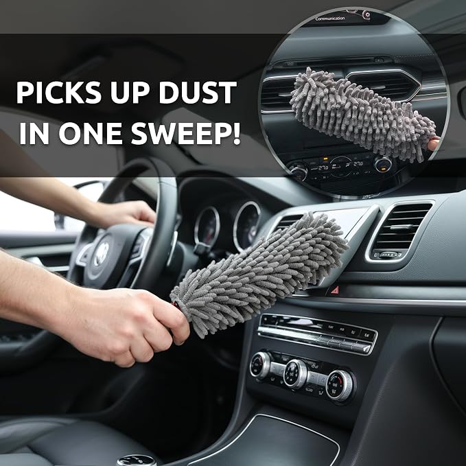 Car Duster Interior, 360° Microfiber Fingers, Lint & Scratch Free | Unbreakable Comfort Handle Duster, Includes Microfiber Towel, Lint-Free & Safe for Car & Home Interior, Gray