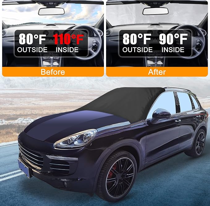 210T Magnetic Auto Car Snow Windshield Cover Frost Ice Guard Sun Shade Waterproof Windshield Protector for Most Vehicle Truck Van SUV 85.2X 49.2 Inches