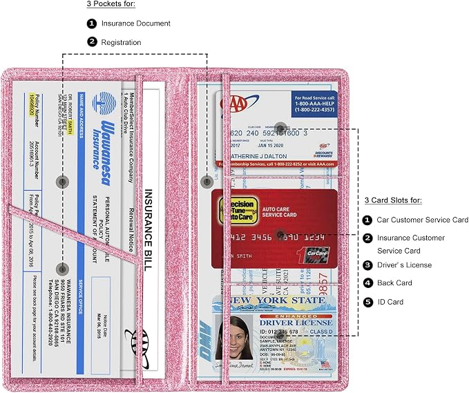Car Registration and Insurance Card Holder, Vehicle License Document Glove Box Compartment Organizer, Interior Car Accessories for Women Men (Glitter Pink)