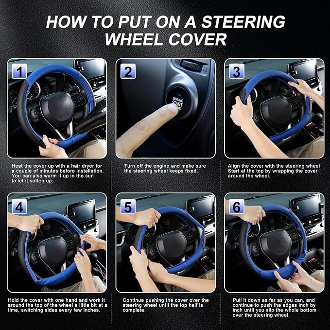 D Shaped Steering Wheel Cover for 14.5-15 inch Flat Bottom Wheels, Breathable Perforated Microfiber Leather, Anti-Slip Grip, Universal Fit for Cars & SUVs, Black and Blue