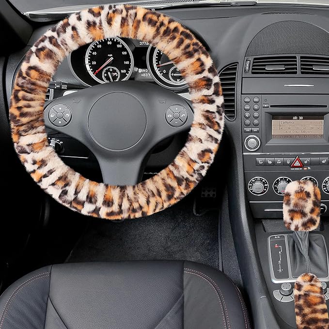 Fluffy Car Steering Wheel Cover, Universal Fuzzy Wheel Cover 14 1/2-15 & Handbrake Cover & Gear Shift Cover Set, Anti-Slip Leopard Warm Fur Vehicle Wheel Protector Car Accessories for Men Women