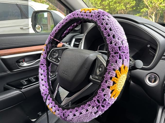 Handmade Crochet Sun Moon Car Steering Wheel Covers Universal 14-15 inch,Cute Steering Wheel Cover,Car Accessories (B:Wheel Covers)