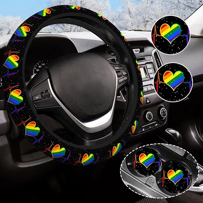 Rainbow Steering Wheel Cover Anti-Slip and Practical 14.5-15 Inch Universal Car Steering Wheel Cover with 2 Pieces Car Coasters Suitable for Men Women