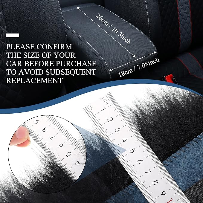 Furry Armrest Cover Auto Center Console Cover Car Soft Console Pad, Real Sheepskin Wool Soft Fluffy Auto Center Armrest Pad for Most Car Decoration Protector(Black)