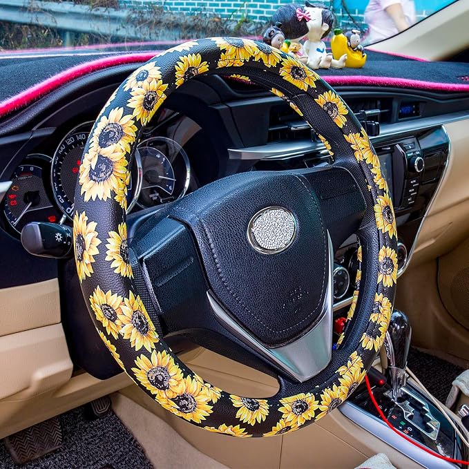 Sunflower Steering Wheel Cover Cute and Handmade,Leather Universal Steering Wheel Cover 15 inch, Fashionable Boho Sunflower Car Accessories for Women,Top Girl Car Accessories