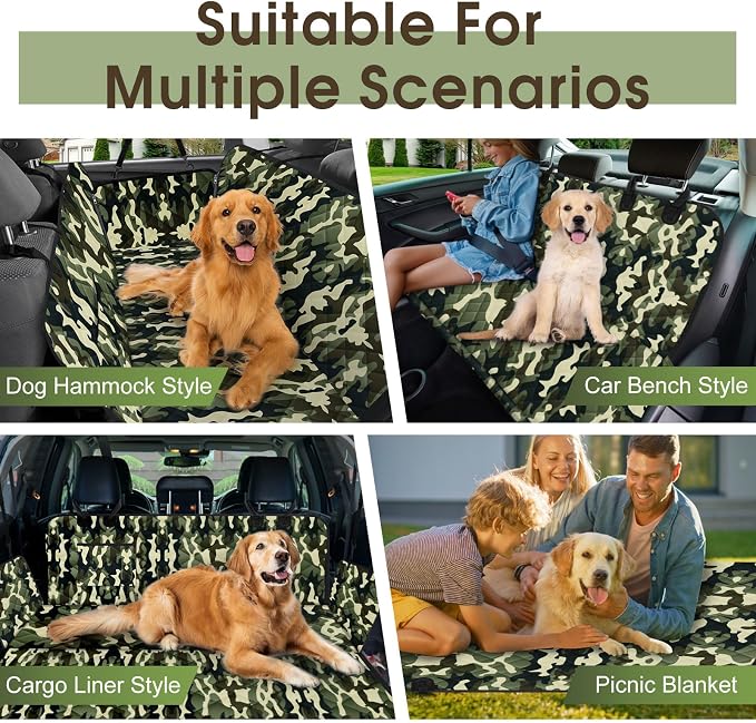 Waterproof Dog Car Seat Cover for Back Seat, Pet Hammock- S, Camouflage | Durable waterproof hammock with nonslip design & storage pockets. Protects seats from scratches, fits cars, SUVs & trucks.