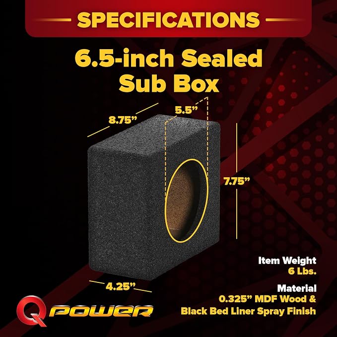 QBomb QBTW6.5 Single 6.50 Inch Heavy Duty MDF Material Car Audio Speaker Enclosure Boxes with Bedliner Spray Coating Finish, 2 Pack