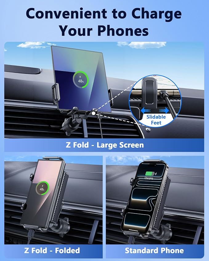 Z Fold 7 Car Mount, Car Vent Phone Holder for Foldable Phones | More Effortless & Secure Clamping, Convenient to Charge, Air Vent No Blockage, Compatible for Z Fold Pixel Fold iPhone