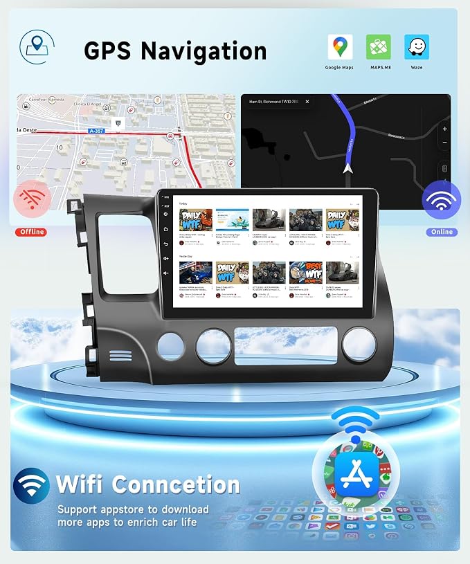 8 Core 4G+64G Car Radio for Honda Civic 2006 2007 2008 2009 2010 2011, Wireless Carplay Android Auto Car Stereo, 10.1” IPS Touchscreen with WiFi, GPS, Bluetooth,FM/RDS, 32EQ DSP, Rear Camera