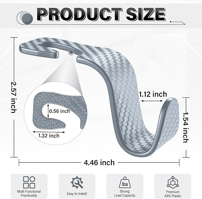 Universal 4 Pack Car Seat Headrest Purse Hook, Carbon Fiber Back Seat Hook Storage Organizer Hanger for Purse Handbag Coat, Car Interior Accessories(Gray)