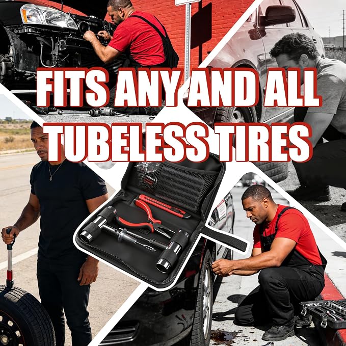 36-Piece Tire Repair Kit – Heavy Duty Flat Tire Plug Kit with T-Handle Tools, 25 Rubber Plugs, 4-Way Valve Tool, Pliers, Folding Knife – Portable Tool Bag – Universal for Car
