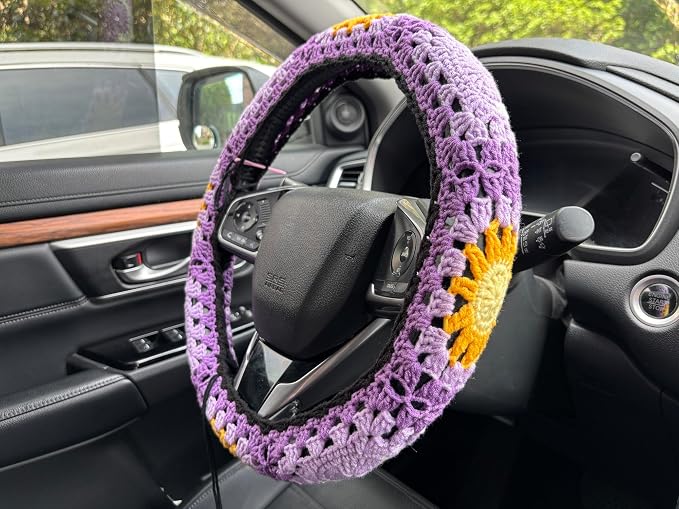 Handmade Crochet Sun Moon Car Steering Wheel Covers Universal 14-15 inch,Cute Steering Wheel Cover,Car Accessories (B:Wheel Covers)