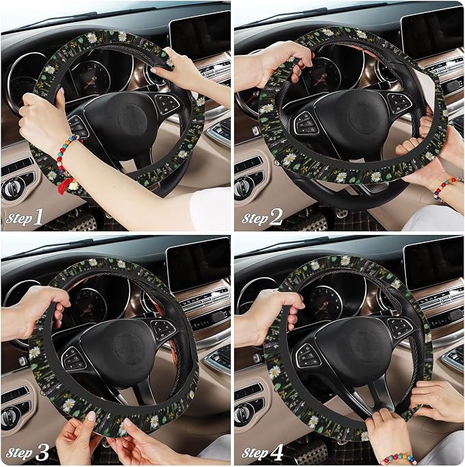 Floral Steering Wheel Cover with 2 Car Coasters,Watercolor Wildflower Anti-Slip Steering Wheel Cover,Elastic Breathable Car Interior Accessories,Universal 14.5"-15" Fit Auto,SUVs