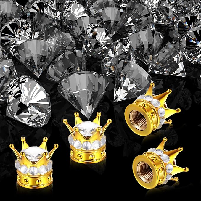 4 Pieces Crown Tire Valve Stem Caps Bling Handmade Crystal Rhinestone Universal Chrome Crown Vehicle Car Tire Caps Covers, Attractive Accessories for Car (Gold and White)