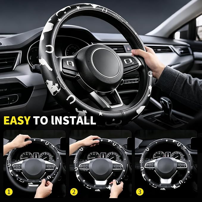 Western Cowboy Pattern PU Leather Steering Wheel Cover, Non-Slip Neoprene Lining, Universal Fit 14.5-15 Inch for Car, Truck, SUV