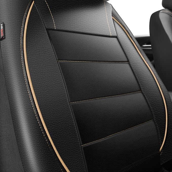 Universal FIT Piping Leather Two Front Seat Covers, Waterproof Faux Leather for SUV Sedan Van Truck, Airbag Compatible,Reserved Opening Holes for Headrest Covers. (Black and Beige)
