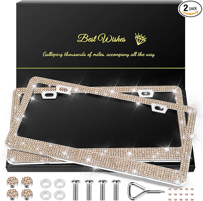 2 Pack Bling License Plate Frames for Women, Sparkly Rhinestone Diamond Car Accessories with Glitter Crystal Caps (Champagne)
