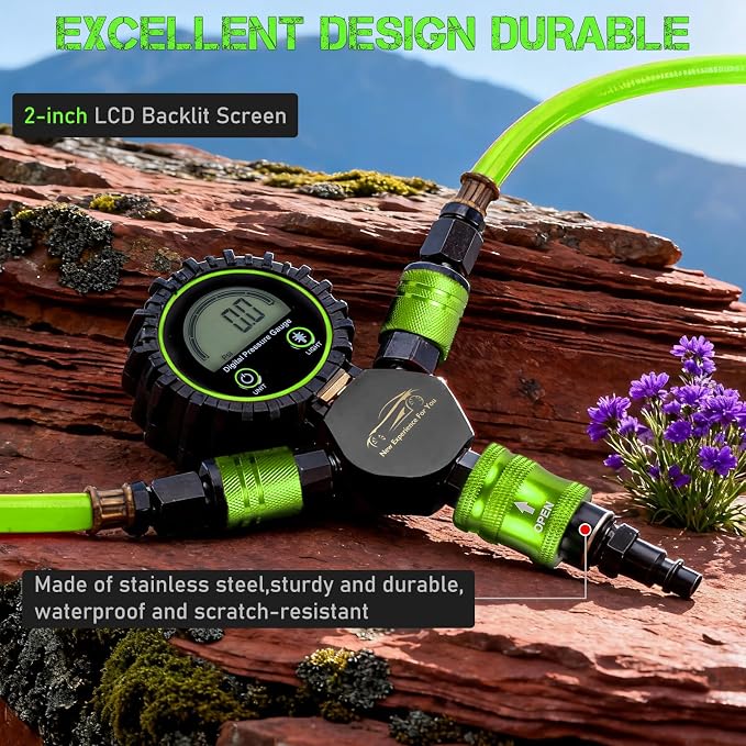 4 Tire Inflation Deflation System W/300PSI Digital Pressure Gauge | Fits up to 200" Wheelbase, Plastic Carry Box & Heavy Duty Hoses, Fits Truck, Car, Trailer, Motorcycle Offroad Vehicles, Green