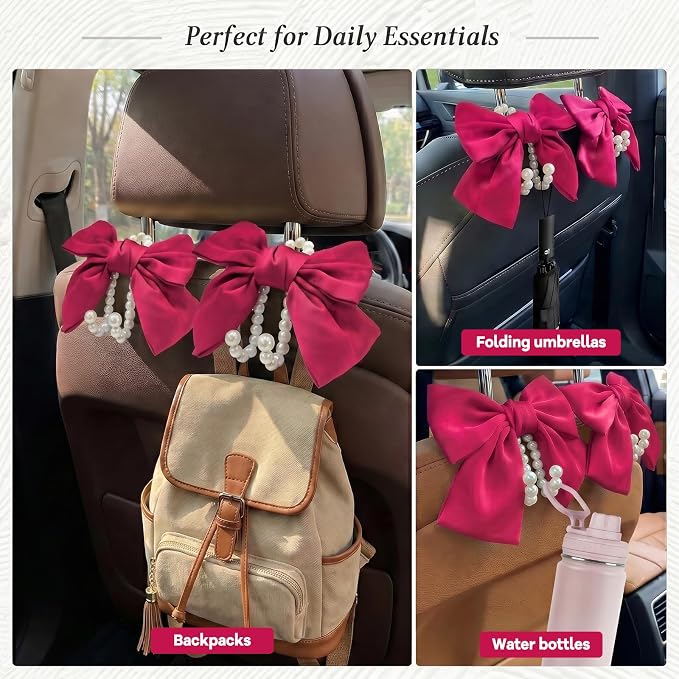2PCS Satin Bow Pearl Car Seat Headrest Hooks – Car Bag Holder & Vehicle Hanger for Purses – Cute Coquette Aesthetic Interior Decoration – Cute Auto Organizer Accessories Universal (Berry Fuchsia)