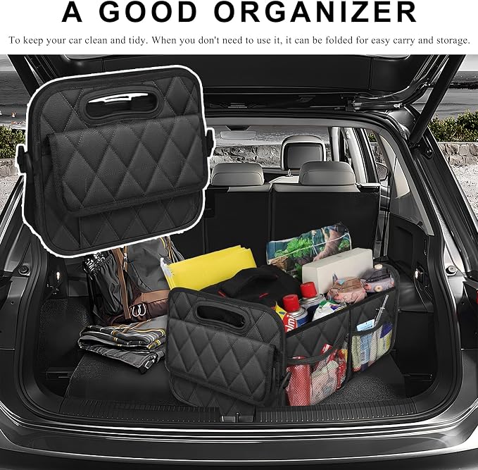 Car Trunk Organizer, Collapsible Auto Storage Box with Multi Pockets, Waterproof Oxford Cargo Organizer with Reinforced Handles, Universal Car Accessories for Men Women (Black)