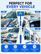 XINDELL Long Reach Windshield Cleaner Tool, 28"-44.5" Extendable Car Glass Cleaner with Curved Pole & Pivot Head, Inside Windshield Cleaner for SUV Truck RV, 4 Microfiber Pads | Curved Pole Pivot Head