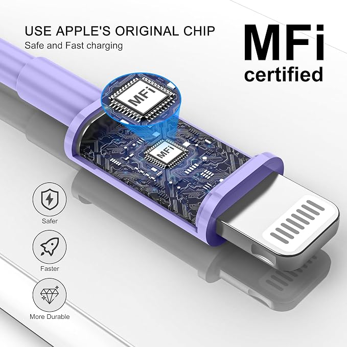Car iPhone Carplay Cable, Car Charger Cord, USB A to Lightning Cable Fast Charging & Data Transfer for iPhone 14/13/12/11 Pro Max XR XS X 8 7 6 Plus SE Tangle-Free,3ft Purple