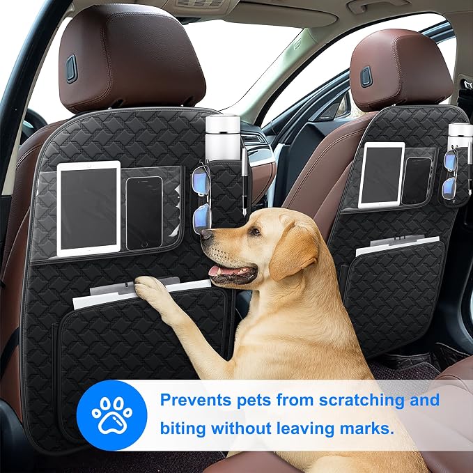 Back Seat Protector 2 Pack Fit for Honda Pilot Car Kick Mats with Touch Screen Tablet Holder Storage Organizer Waterproof Dirt Proof Faux Leather Auto Accessories for Kids (1 Pair Black)