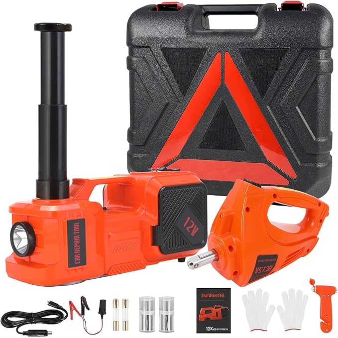 Electric Car Jack Kit 5 Ton 12V Hydraulic Floor Jack with Impact Wrench and Inflatable Pump for SUV Car Emergency Repair Tire Change Kit with LED Light