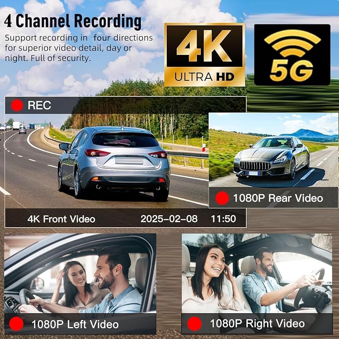 4 Channel 4K Dash Cam Front and Rear Inside, 360° View 1080P Dash Camera for Cars, Super Night Vision, Gravity Sensor, Loop Recording, WDR, 24H Parking Mode, WiFi & APP Control, with 64GB Card