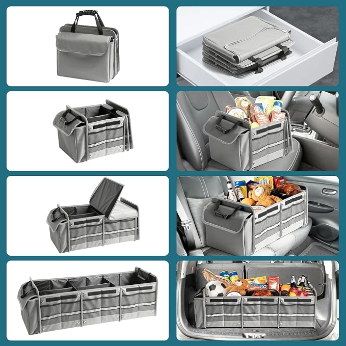 Snuopfy,115L Heavy Duty Collapsible Trunk Storage, with Insulated Leakproof Cooler Bag Vehicle Cargo Organizer with Lid, 3 Compartments, Straps For Car,Suv,Jeep,Sedan-Grey