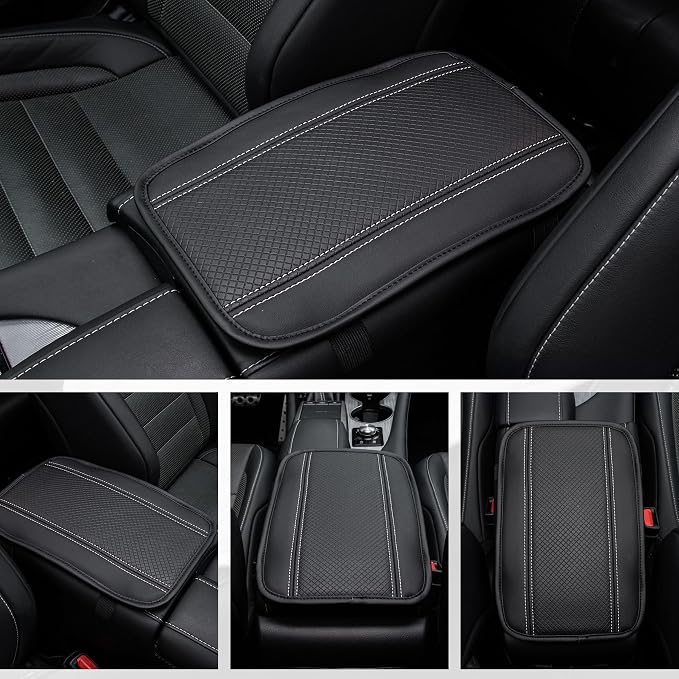 Car Center Console Cover, Upgraded Leather Car Armrest Cushion, Universal Waterproof Cushion Pad, Non-Slip Car Interior Accessories, Fits Most Sedans SUVs Trucks (Black-Slivery)