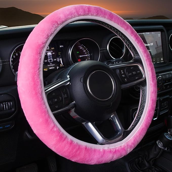 Pink Elastic Fuzzy Steering Wheel Cover,Microfiber Plush Steering Wheel Cover for Woman Girl,Winter Warm, Universal 15 inch