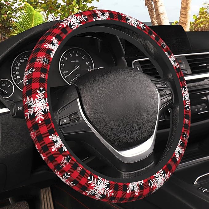 Christmas Snowflakes Steering Wheel Cover,Buffalo Plaid Elastic Non-Slip Steering Wheel Protector,Auto Interior Decor for Women Girls,Universal 15" Fit for Sedans,Trucks