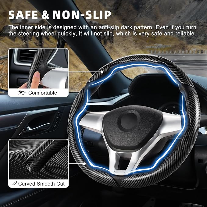 3pcs Carbon Fiber Anti-Skid Steering Wheel Cover, Waterproof Design, Universal Fit for 14-16 Inch Car Wheel Cover, Interior Car Accessories for Jeeps, SUVs, Trucks (Glossy Black)